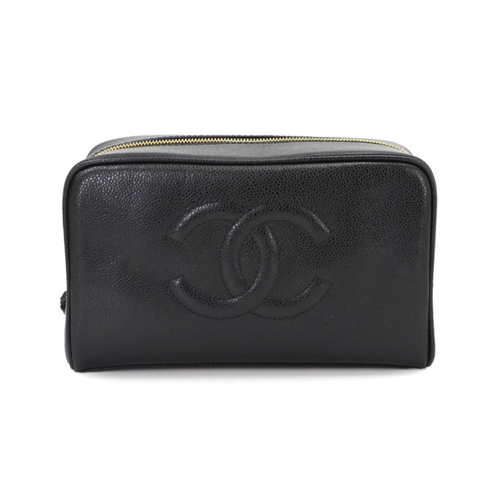 Chanel CHANEL Caviar Skin Handbag Pouch Black A01996 Gold Hardware